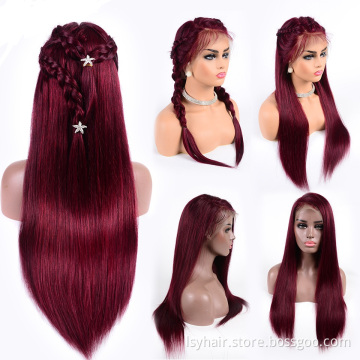 Color 99J Red Burgundy Lace Front Wig 100% Human Hair Wigs Straight Lace Indian Remy cheveux indiens  Human Hair Wigs